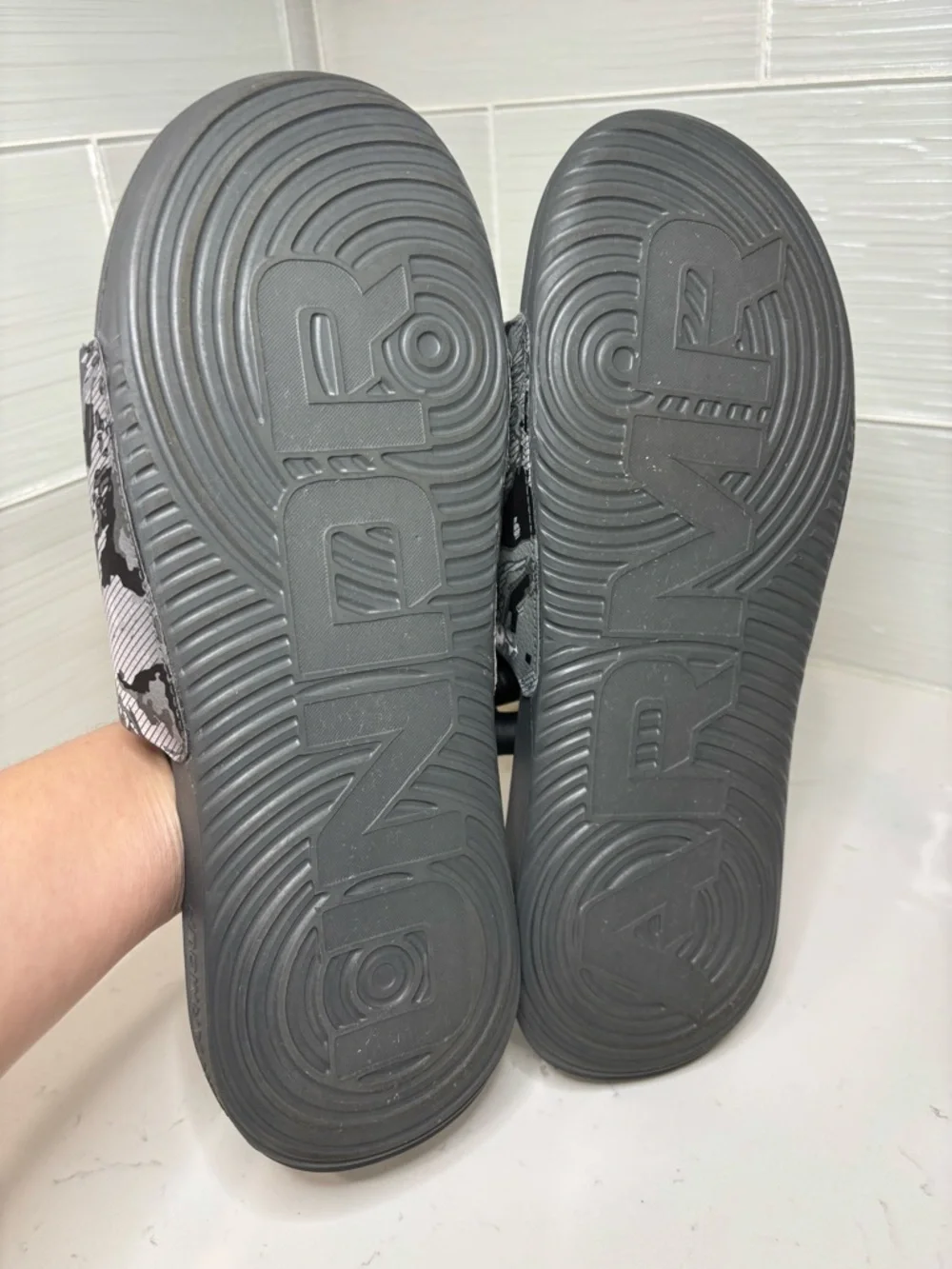 Under Armour Ansa Size 12 Graphic Slides Gray Camo Off Court Slip On Flats Shoes